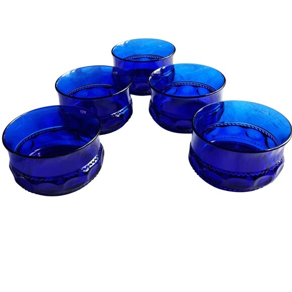 5 Indiana Glass thumbprint King's Crown Bowls Sherbet Cobalt Blue. - Picture 3 of 6